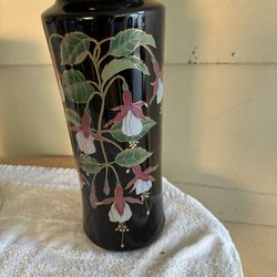 Vintage Japanese flower vase floral pattern black Mount Clemens Pottery, Japan