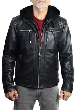 Leather hooded biker jacket men's medium