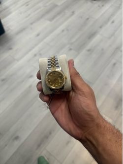 Rolex Date 15053 34mm Champagne Diamond Dial Diamond Bezel 18k Yellow Gold Steel