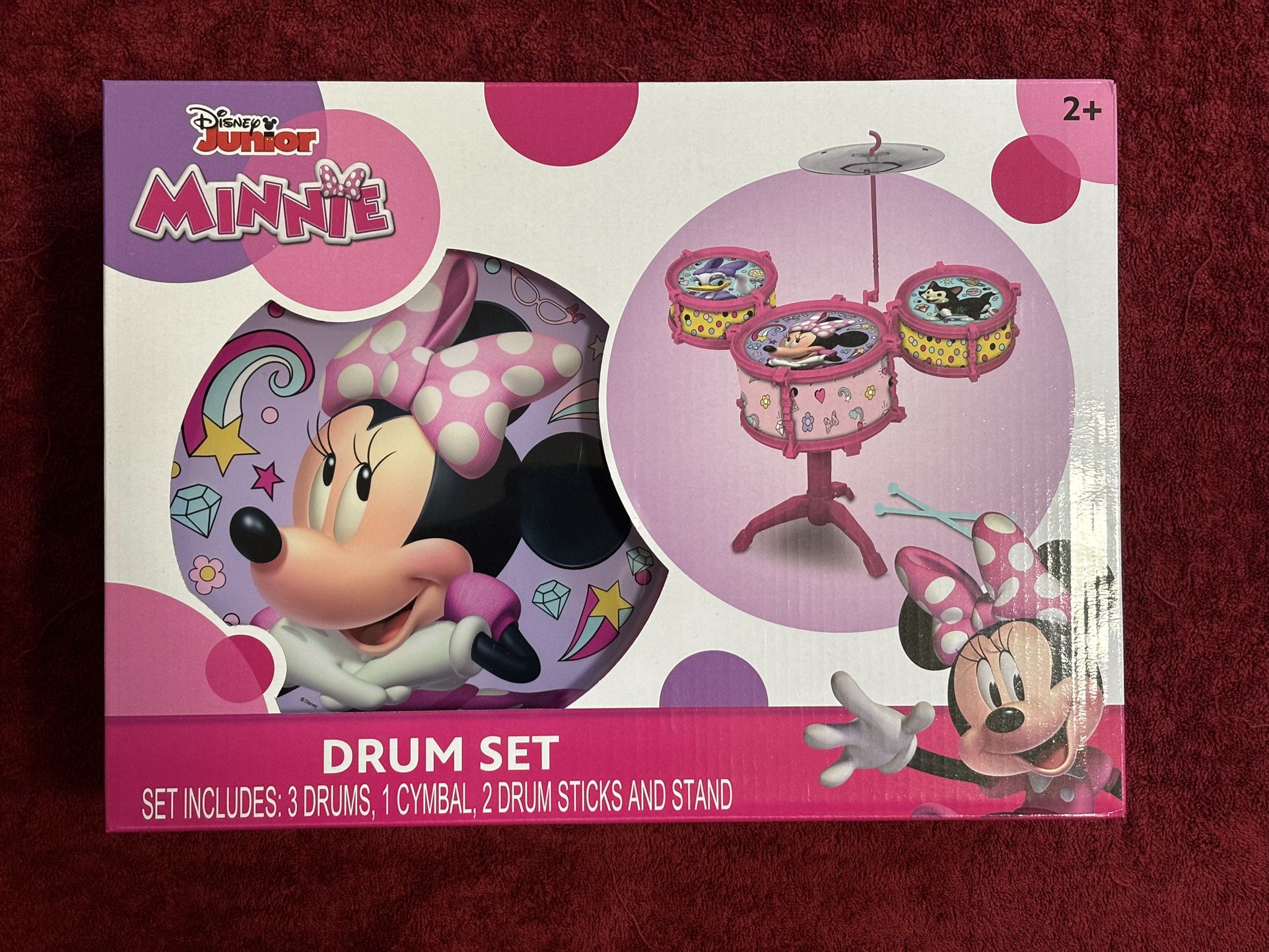 Minnie Mouse Drum Set Kit 3 Drums 1 Cymbal 2 Drum Sticks and Stand Sold Out NEW
