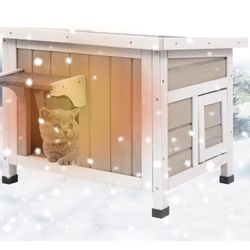 Outdoor Cat House Insulated, Winter Insulated and Thermostatic Outdoor Feral Cat House Weatherproof Solid Wood, Easy Assembly Cat Shelter with Open Ro