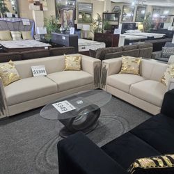Brand New Cream Leather Air Modern Sofa + Loveseat 2PCs Set