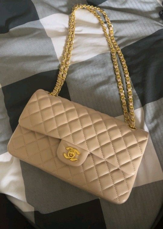 Designer Leather Bag ( Beige & Gold ) $350