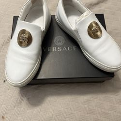 Versace White Leather Palazzo Medusa Slip
