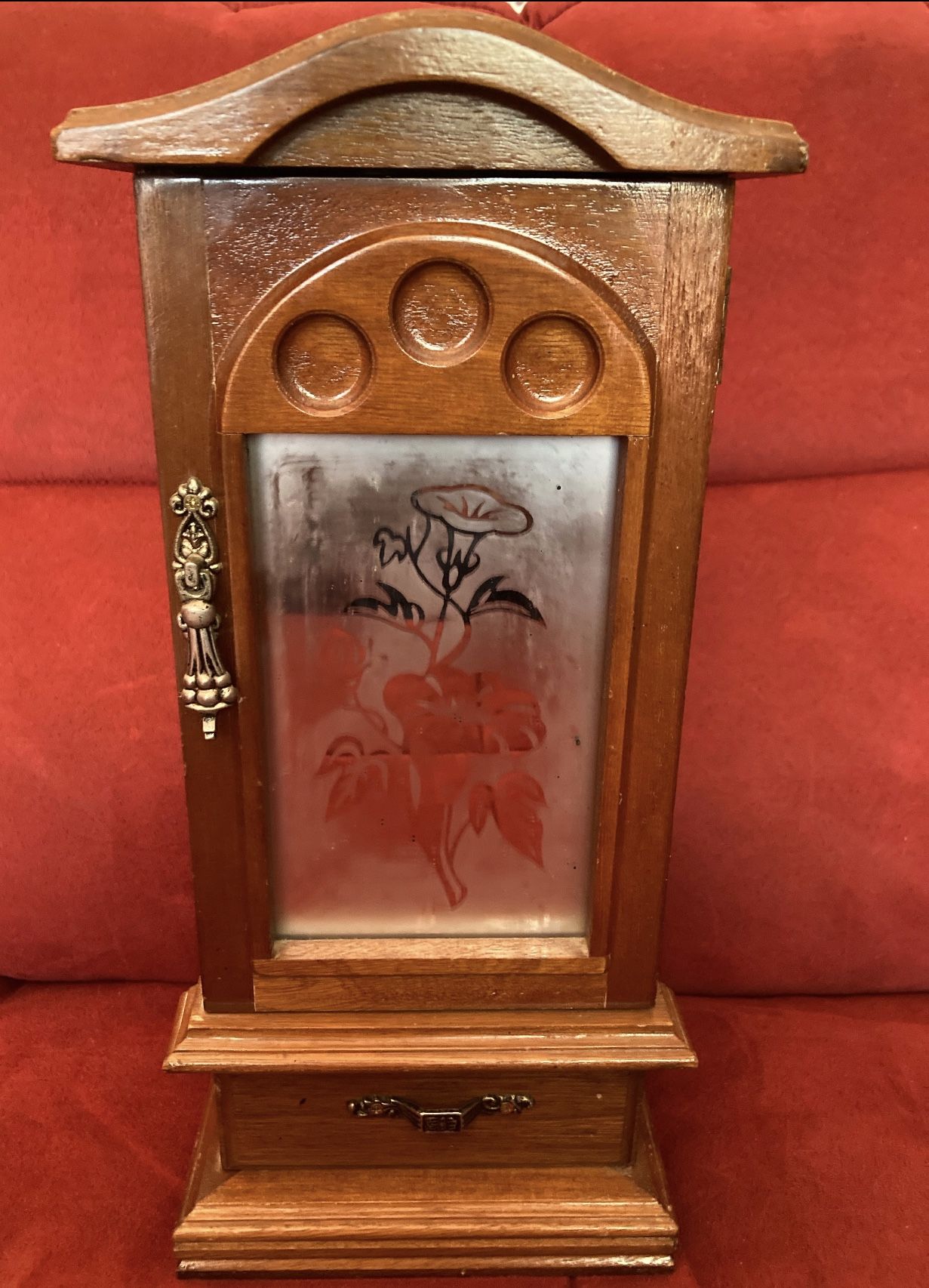 Wood Crafted Jewelry Cabinet with Necklace Carousel and Ring Drawer