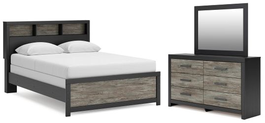 Broachmyn Black/Gray Queen Bookcase Bed, Dresser and Mirror