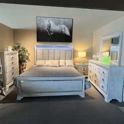 Grey King Bed, Dresser, Mirror And One Nightstand