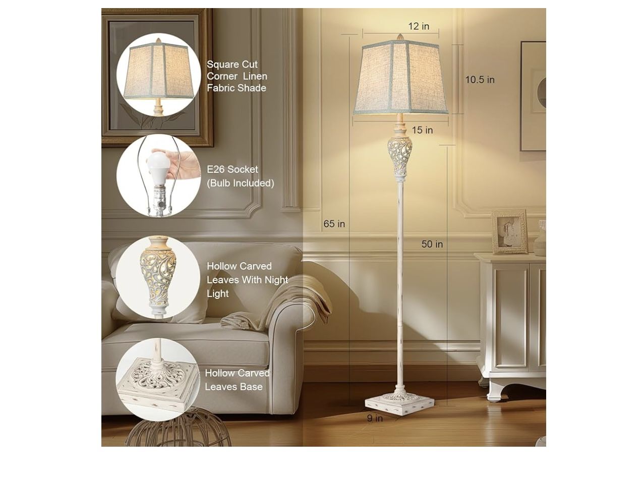 Rustic Floor Lamp 65'' Tall with Nightlight Cut Corner Linen Fabric Shade Vintage Standing Lamp for Living Room, Bedroom, Office, House (Bulb Included