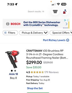 Craftsman 21 degree 20 volt nailer w/battery, charger & case and nails new condition