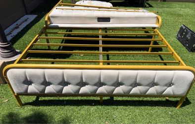 Gold Metal Bed Frame with Tufted Headboard