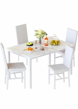 Hooseng Dining Table Set for 4, 5-Piece Faux Marble Dinner Table Set with 4 Upholstered PU Leather Chairs Kitchen Table Chairs Set Modern Space-Saving