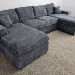 ✅️✅️4 pc  grey corduroy fabric sectional sofa with double chaise.✅️✅️✅️