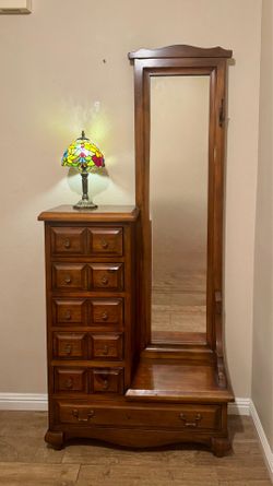 Excellent Condition, RARE Antique Wood Hall Tree w/ Long Mirror, 8 Drawers