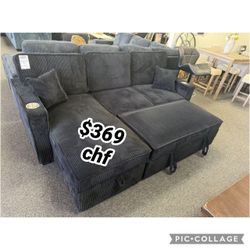 Black Corduroy Sectional Sleeper Sofa With Pull Out Bed   // Black Friday Sale 