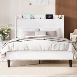 Queen Bed Frame with Charging Station, Velvet Upholstered Platform Bed, Wingback