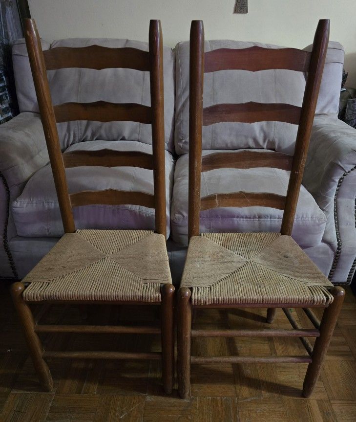 Two Antique Ladder Back Chairs With Woven Rush Seats