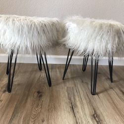 Shagalicious White Faux Fur Stools With Hairpin Legs
