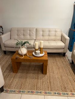 Cream Leather Tufted 3-Seat Sofa