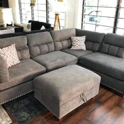 Brand New Gray Velvet Sectional Sofa Couch With Ottoman 
