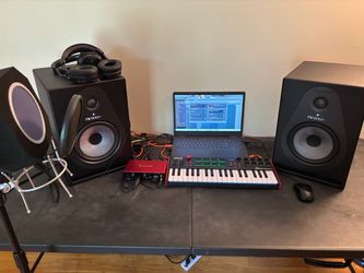 Studio. Dell touchscreen, mic, interface, headphones, monitors, keyboard