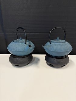 Pair of Blue Cast Iron Japanese Tetsubin Style Teapot with Warmer | New at $300