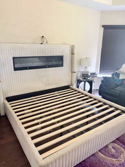 Upholstered Bed Frame with Fireplace Headboard