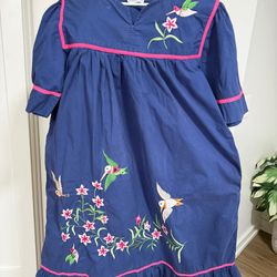 Vintage Embroidered Dress PHASES Hummingbirds Floral Cotton Size M