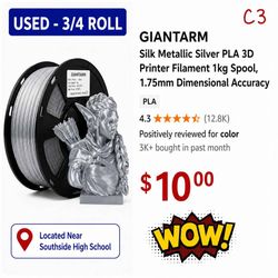 3/4 Spool GIANTARM Silk Metallic Silver PLA 3D Printer Filament 1kg Spool