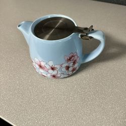 Alfred Ceramic & Stainless Steel Teapot 20 oz Capacity Blue W Cherry Blossoms