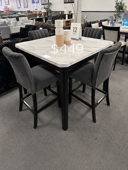 5-pc Counter Height dining table set white faux marble table top with gray velvet upholstered Chairs