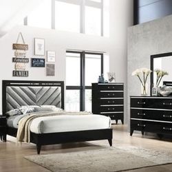 Brand New Glam Black Bed with Gray Tufted Headboard
