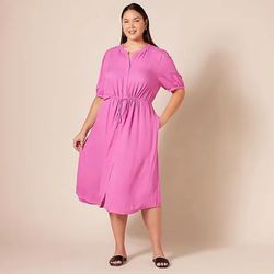 Amazon Essentials (Size 2XL) Women's Relaxed Fit Half-Sleeve Waisted Pink Midi A-Line Dress