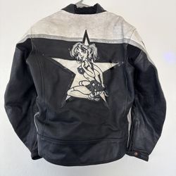 Men’s GP Star Leather Motorcycle Jacket – Black & White Star Design – Size 52