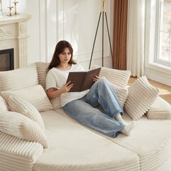 78.5-inch Corduroy Round Oversized Recliner, Converts into Two Recliners, 2-In-1 Sofa Bed, Neck Pillow Design With Five Throw Pillows