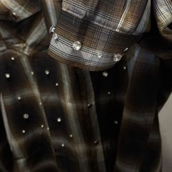 Brown and cream studded plaid shirt with rhinestones 