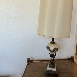 Vintage Gold Cream Glass Cherub Table Lamp Marble & Brass Base Hollywood Regency