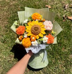 Crochet sunflower and orange roses bouquet