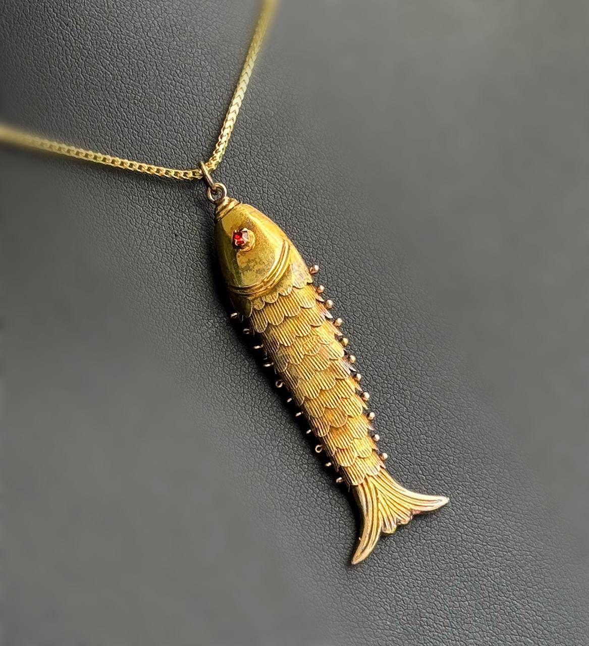 Jewelry 14k hollow moving yellow gold ruby 0.03CTW fish Pendant charm