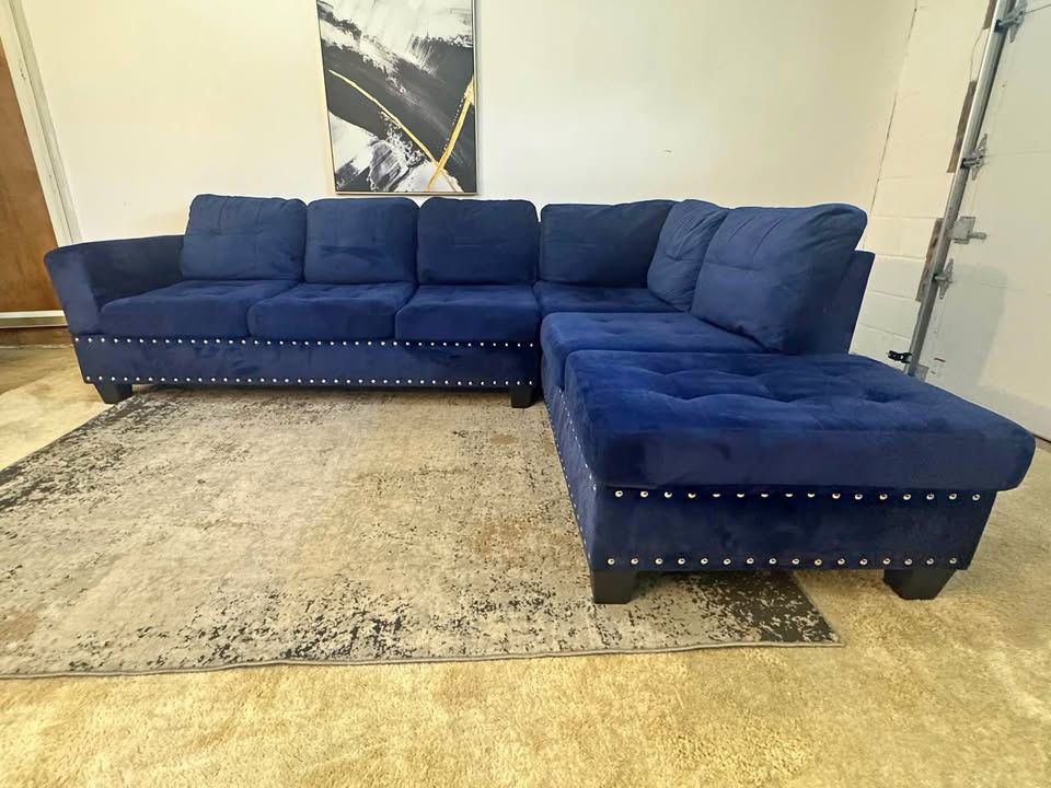 Blue Velvet 4-Seater Sectional Sofa