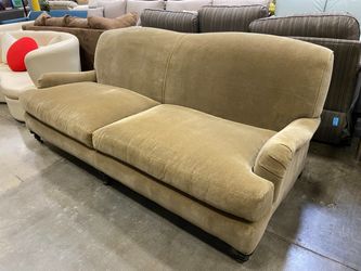 LEE INDUSTRIES Vintage Green Brown Camelback Sofa with English Rolled Arms