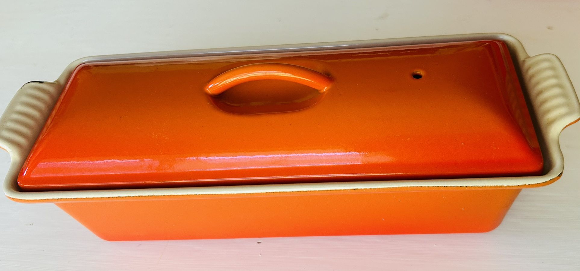 Vintage Le Creuset Orange Flame Enamel Cast Iron Pate Terrine Loaf Pan Lid France 12”
