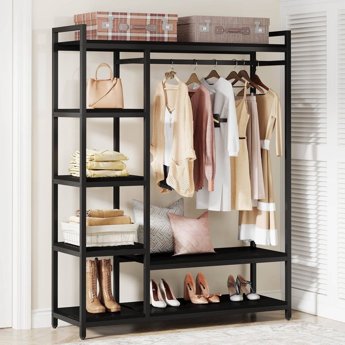 F1057-Freestanding Closet Organizer with 6 Shelves and Hanging Bar