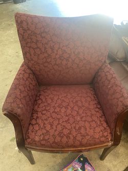 Chairs!  Four Matching!  Super Cute Antique Project or Keep as is And one Burgundy Agent chairAgent chair!  Thumbnail