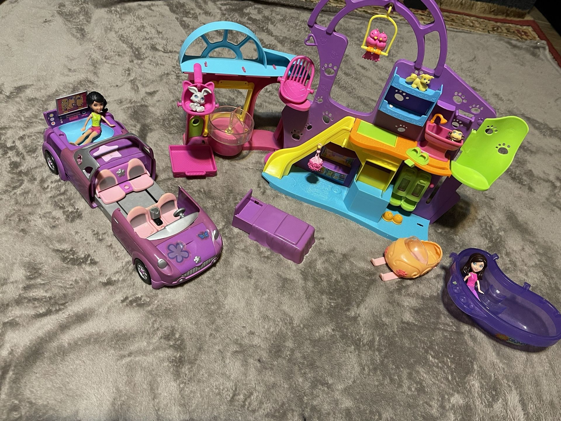 Polly Pocket Pet Clinic, Animals, Dolls, Car,
