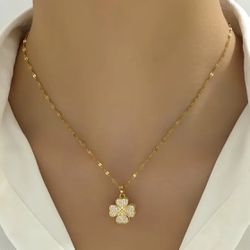 Stainless Steel  Golden Lucky Clover Rhinestone Necklace 
