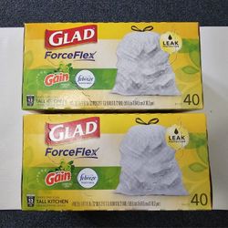 2 Boxes of Glad Tall Kitchen Trash Bags, 13 Gallon, 40 Count Each Box ForceFlex, Gain Original