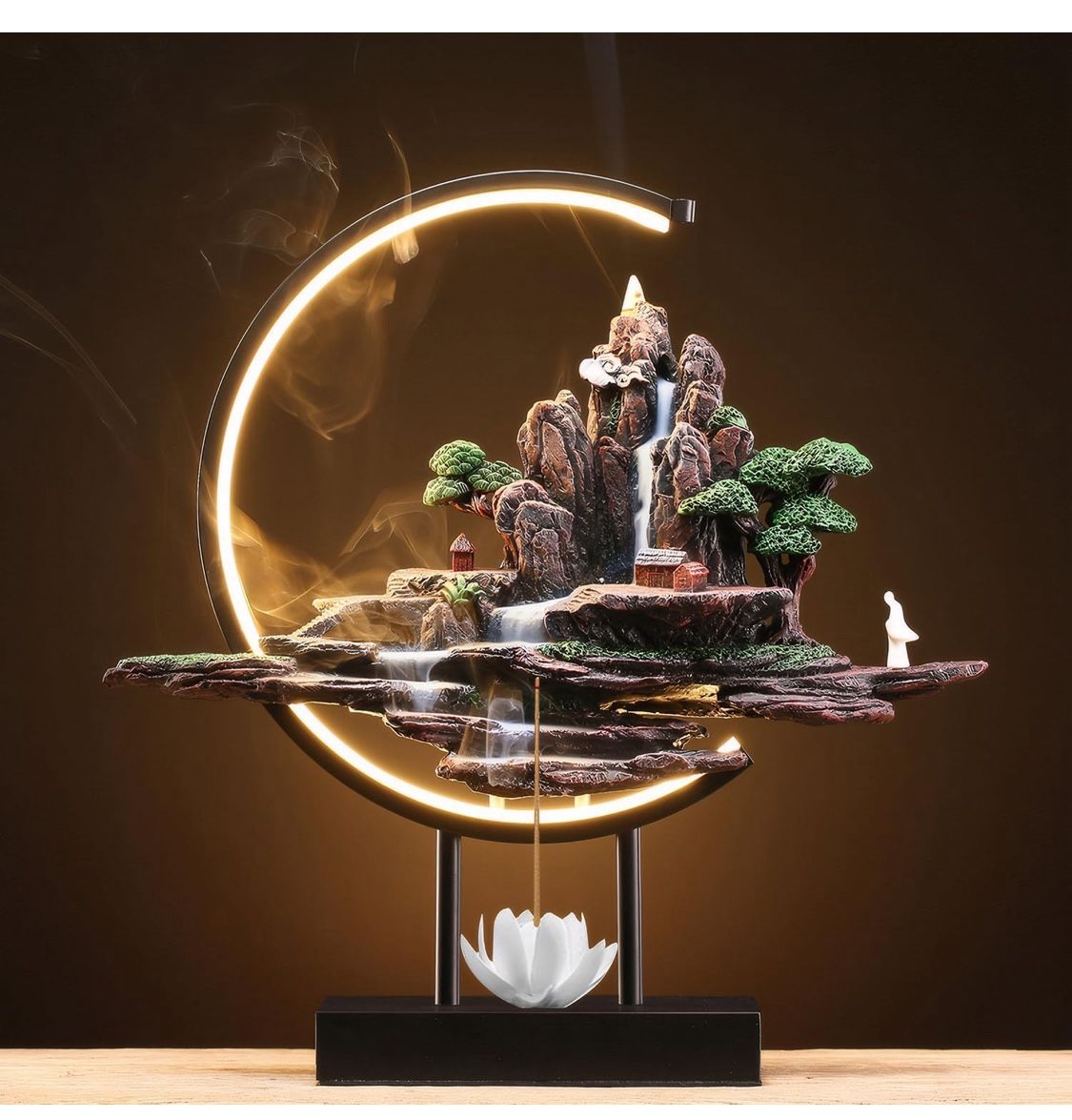 Backflow Incense Burner Resin Rockery Landscape Statue with Adjustable LED Light Ring, Compatible with Cone and Stick Incense (DLXL001)