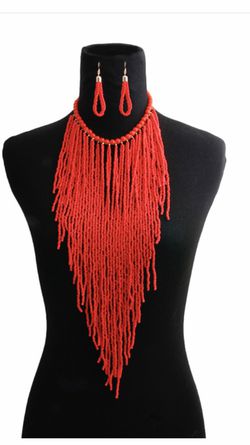 Red fringe necklace and earring set! Perfect for the holidays!