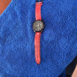 Emporio Armani Sportivo Chronograph Black Dial Red Leather Strap Watch For Men - AR5918