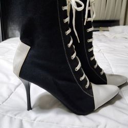 White And Black High Heel Boots.